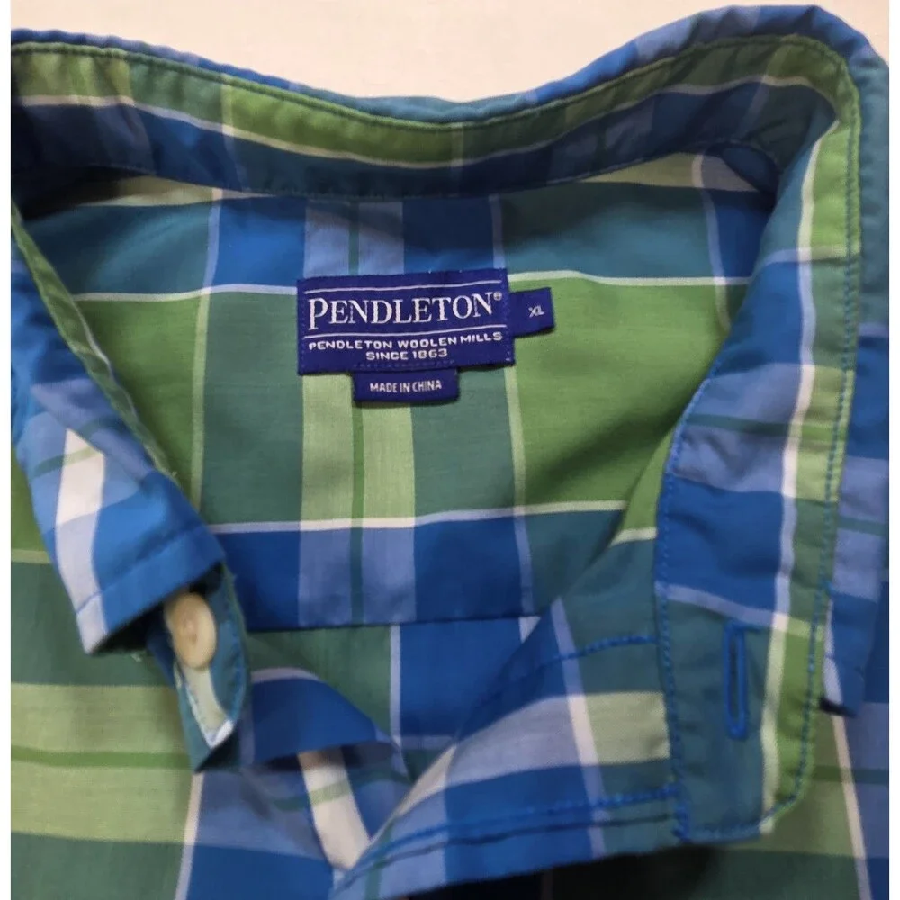 Pendleton Mens Button Down Shirt Large Plaid Green Aqua Cotton